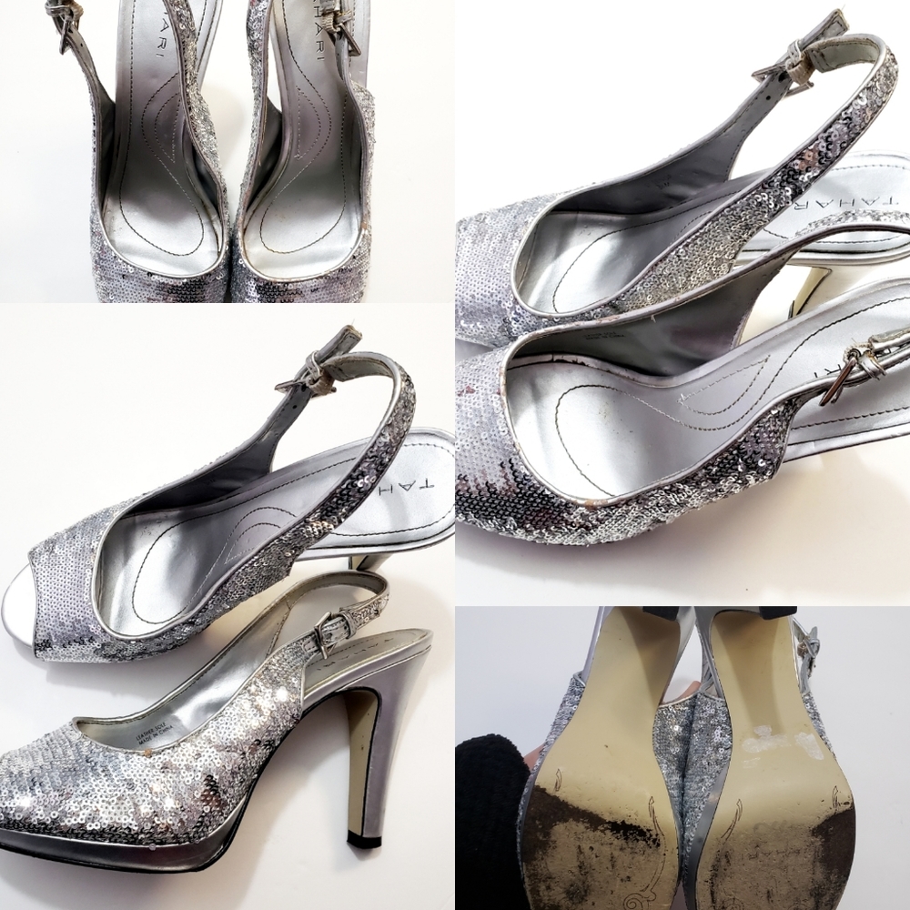 Tahari 4in silver sequined heels